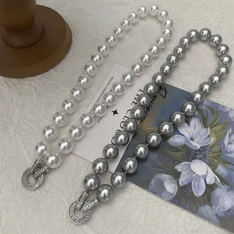 非金属仿珍珠项链 倪妮真多麻灰正圆施家珠圆形锆石气质优雅妈妈