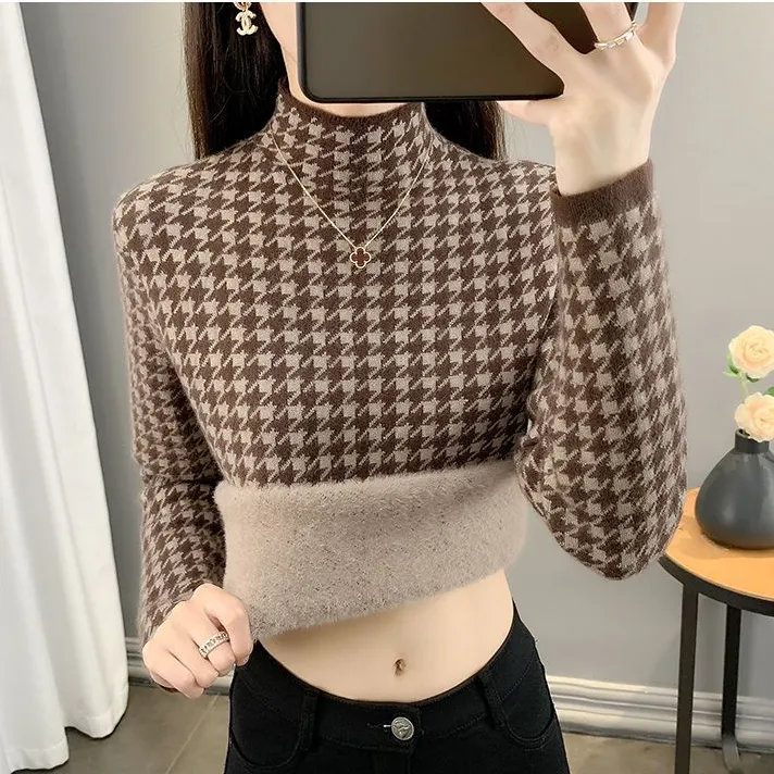 一体绒加绒加厚毛衣打底衫女秋冬保暖内搭千鸟格半高领修身针织衫