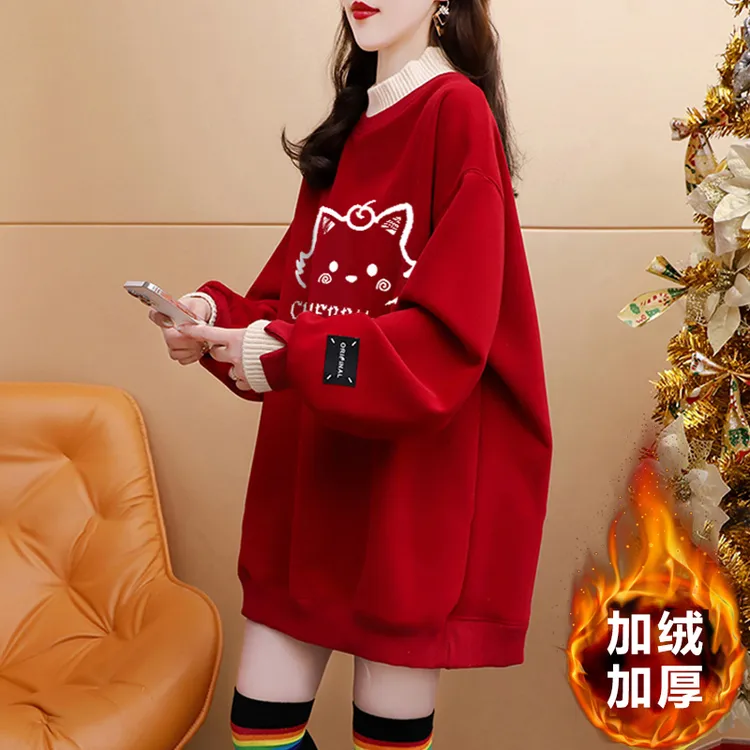 红色哺乳卫衣加绒加厚秋冬款宽松孕妇辣妈半高领产后外出喂奶上衣