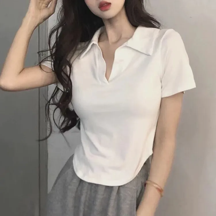 纯棉大码女装短袖t恤夏季新款翻领polo衫修身显瘦休闲短款女上衣
