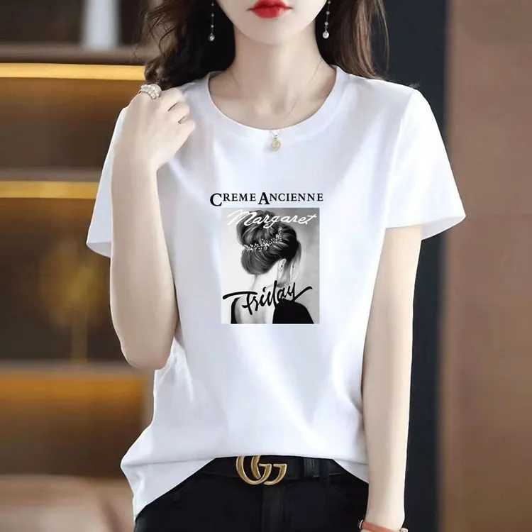 高档白色短袖t恤女2023夏季新款宽松显瘦洋气时尚印花圆领T恤上衣