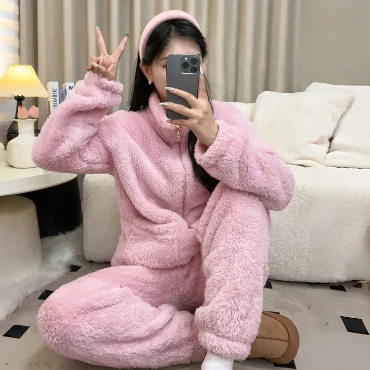 爆款秋冬款加厚睡衣保暖简约家居服情侣男女同款可外穿套装