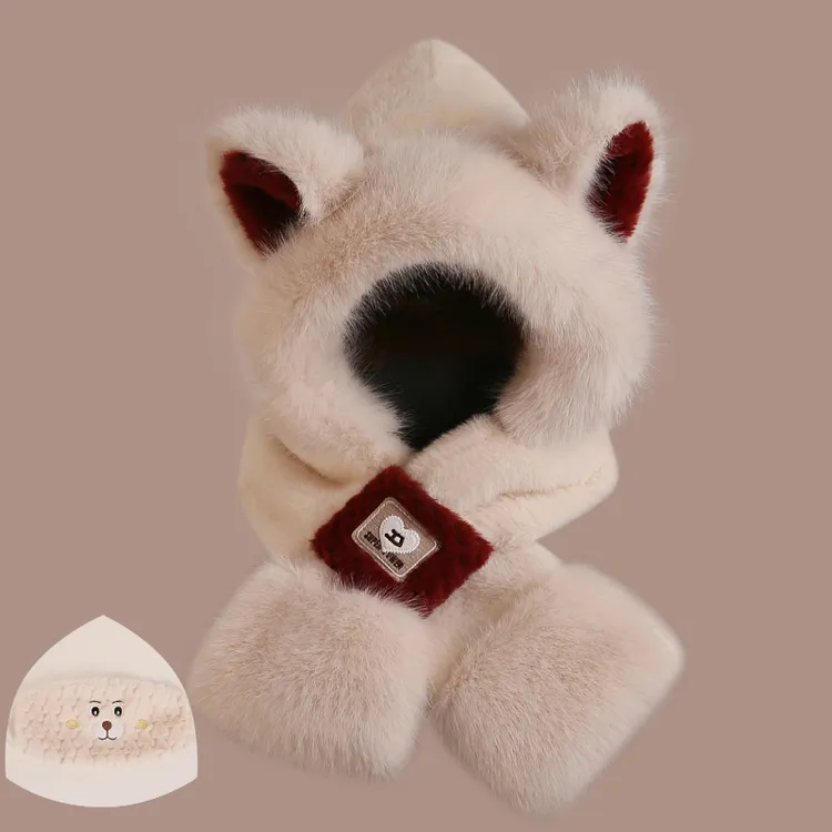 毛绒帽子女可爱小熊围巾冬季新款学生加厚保暖护耳帽围脖口罩一体