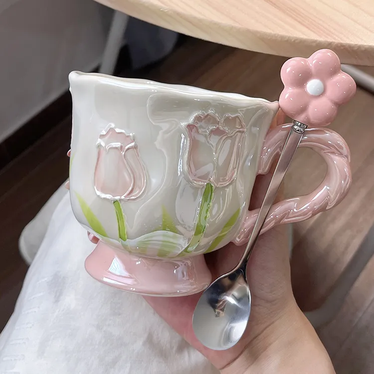郁金香高脚杯马克杯高颜值陶瓷杯子水杯生日礼物送女生结婚伴手礼