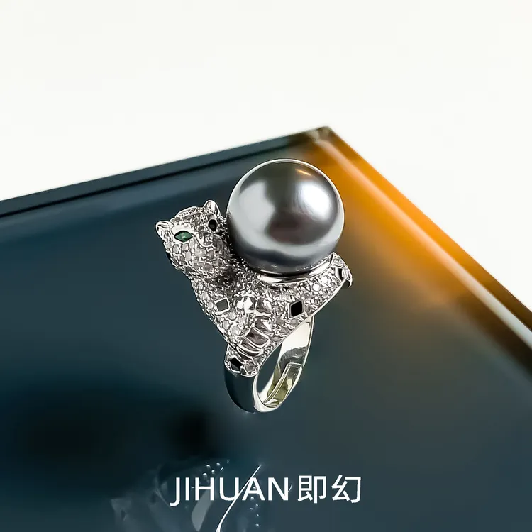 即幻 铜合金戒指 时尚镶嵌灰色珠珠气质豹子可调节戒指 GZ-7795