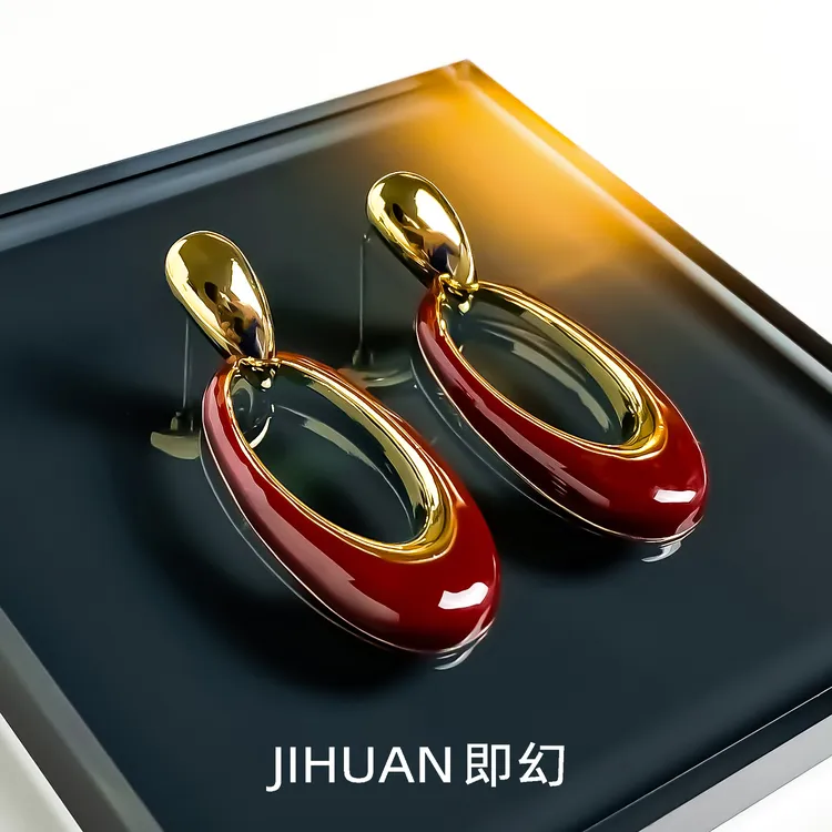 即幻 铜合金耳饰 欧美几何时尚气质简约百搭大气红色耳环CX-8192