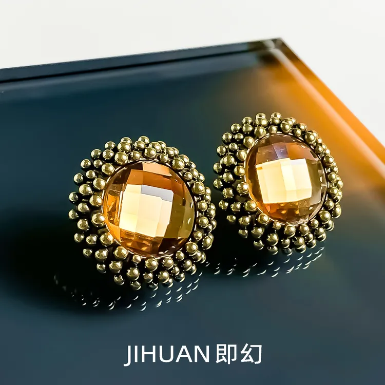 铜合金耳饰 午夜香槟 欧美设计圆形高级轻奢耳钉耳环 S-4490