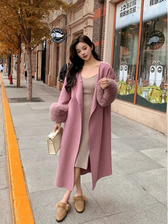 新款狐狸毛加厚双面呢大衣冬款气质韩版呢子外套中长款女显瘦毛呢