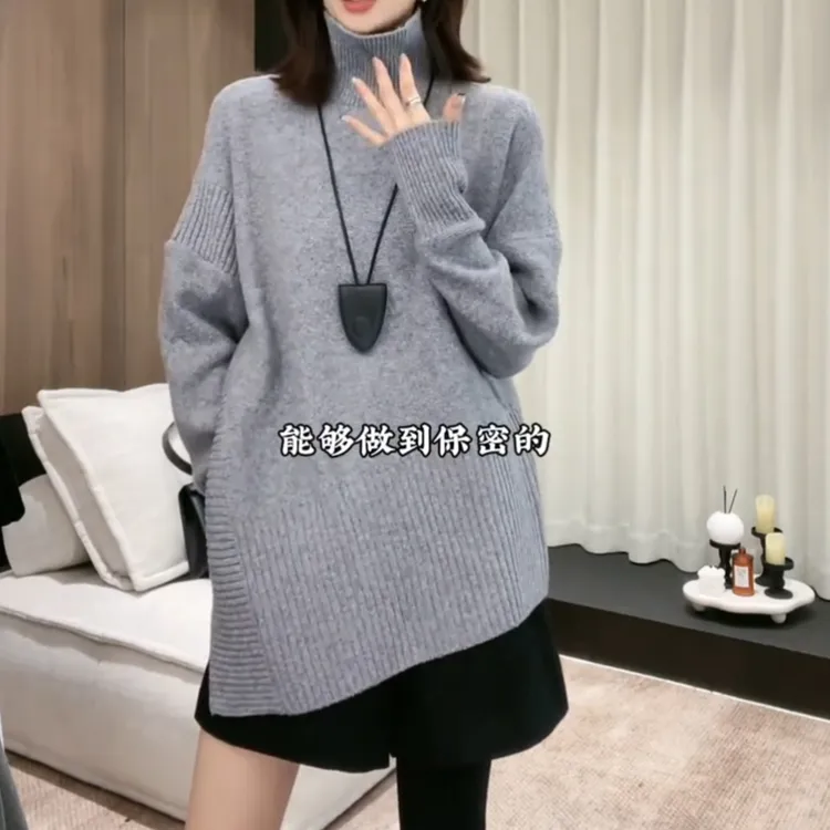 港味chic复古设计感不规则高领保暖毛衣女秋冬季宽松百搭针织X122
