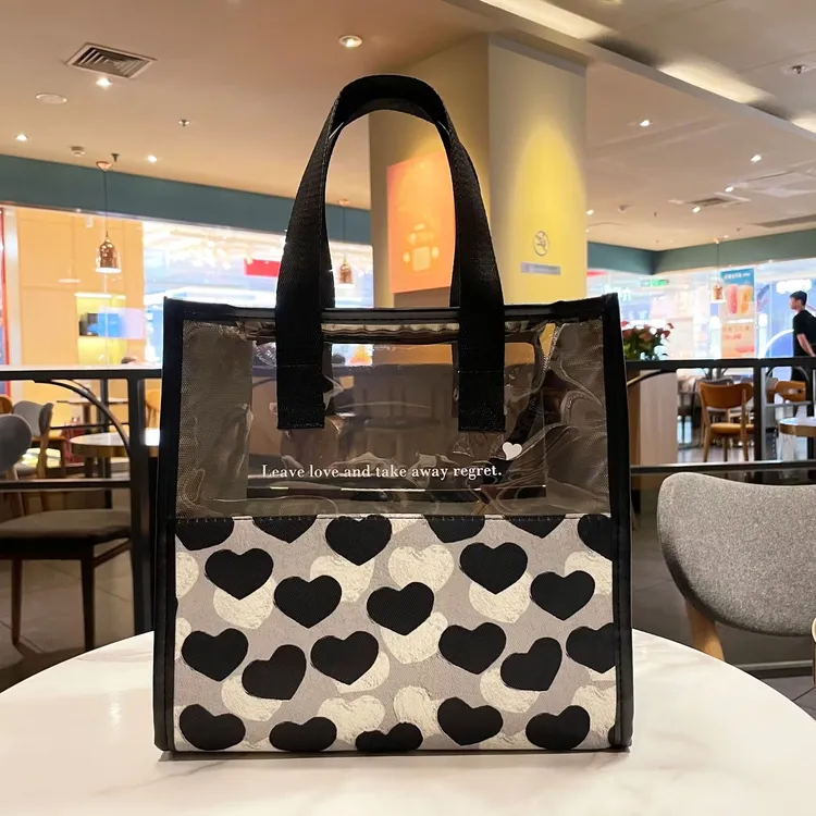 半透明爱心手提袋便携式帆布桃心印花拉链化妆包四方大容量洗漱包