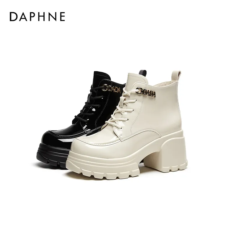 达芙妮厚底小个子增高马丁靴女2025新款秋冬加绒漆皮高跟英伦短靴