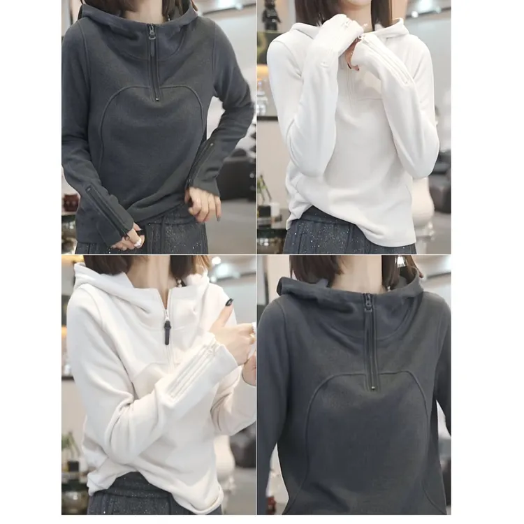 设计感撞色半拉链加绒加厚连帽卫衣女秋冬2024新款宽松连帽上衣