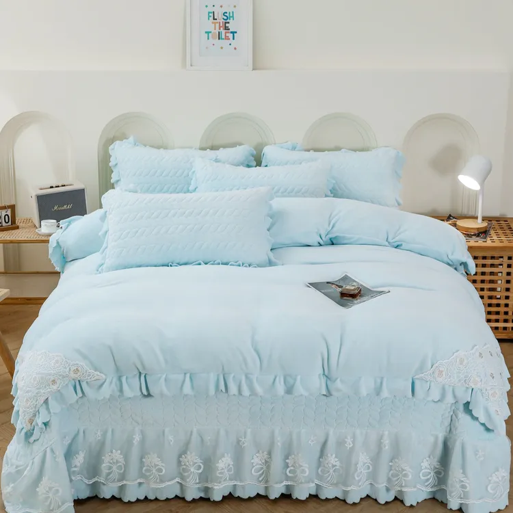 加厚牛奶绒a类【床盖四件套】高克重正品公主风蕾丝边不掉毛抗静电