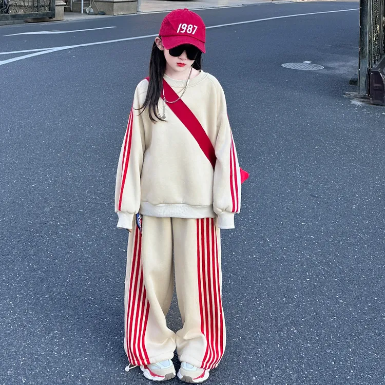 女童冬季宽松休闲卫衣套装2024冬装新款大童加绒裤子一体绒两件套