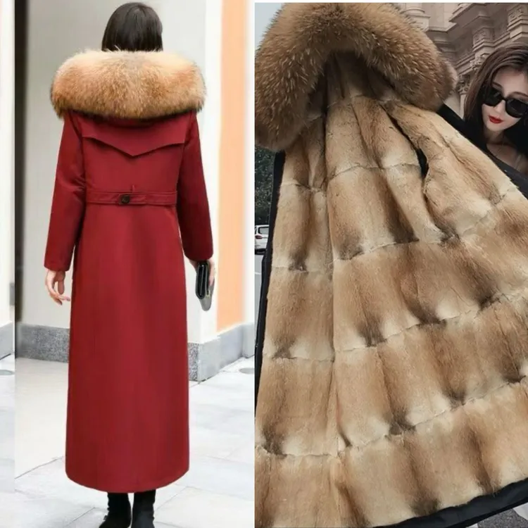 【腰带款-貂】女士修身显瘦青根貂内胆皮草派克服130/110cm气质保暖