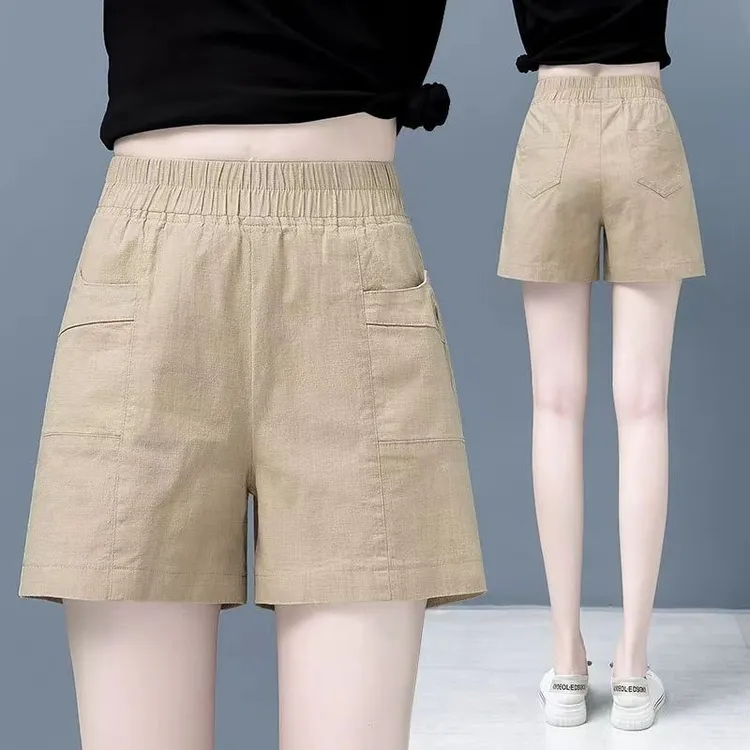 松紧腰短裤女2025年新款阔腿宽松女裤夏季薄款棉麻休闲时尚四分裤