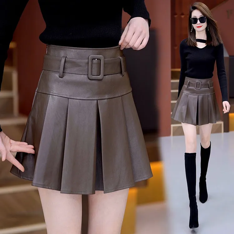 韩版时尚裙子PU皮短裙2025年秋冬新款高腰显瘦防走光百褶半身裙女