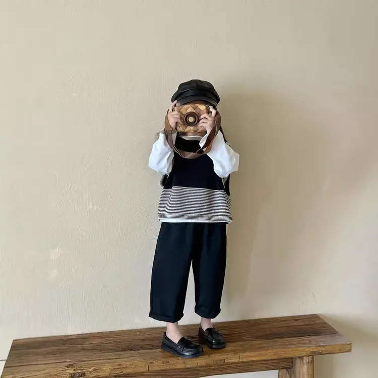 儿童韩版毛衣2025秋季新品女童装条纹马甲宝宝套头毛线背心休闲裤