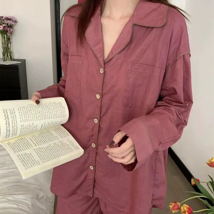 新款纯棉简约女春秋新款大码慵懒女士长袖可外穿家居服睡衣女套装