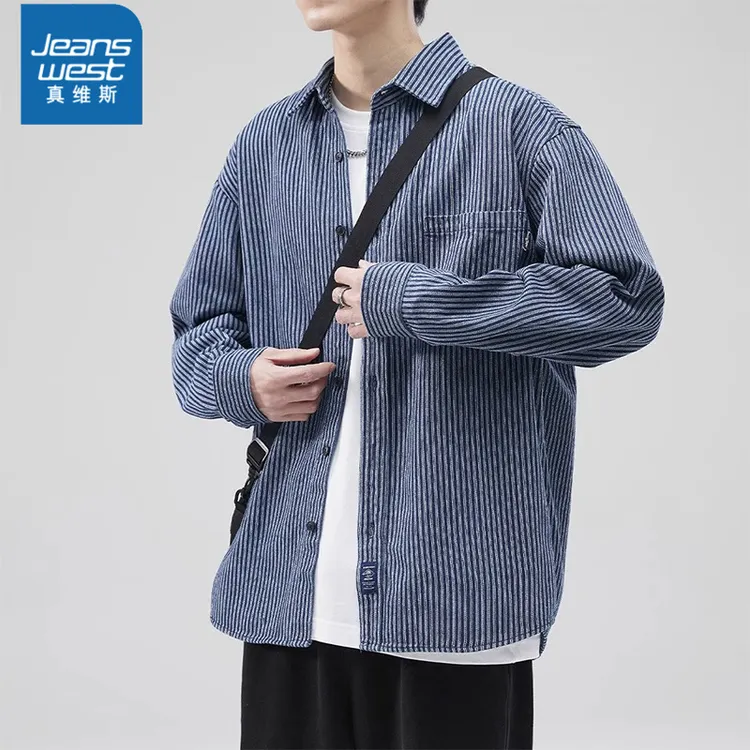Jeanswest/真维斯春秋休闲复古工装男士衬衫条纹百搭舒适休闲衬衣