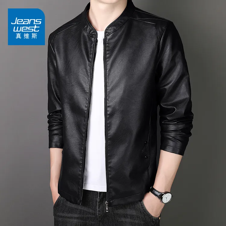 Jeanswest/真维斯男士春秋季皮衣夹克韩版休闲加绒加厚修身外套男