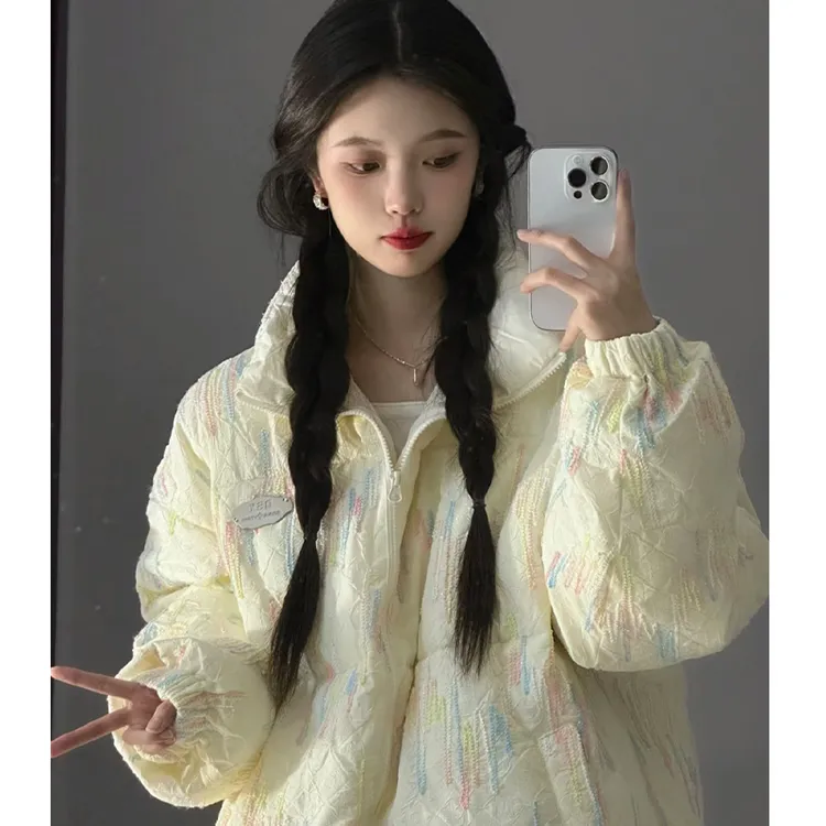 小香风压皱羽绒棉服女款慵懒风bf宽松加厚保暖棉衣国潮牌冬季外套