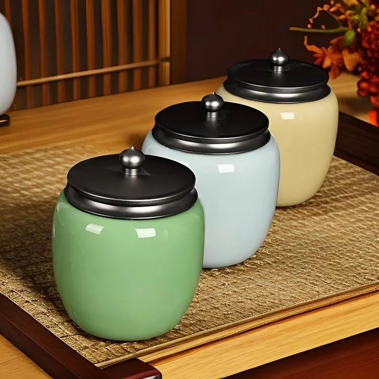 流转千年青瓷大号茶叶罐创意中式陶瓷家用大容量储茶罐灰盖密封罐