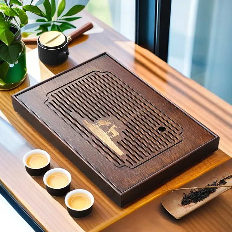流转千年竹制胡桃色储水式一路有你家用小型茶盘简约茶壶茶具茶台