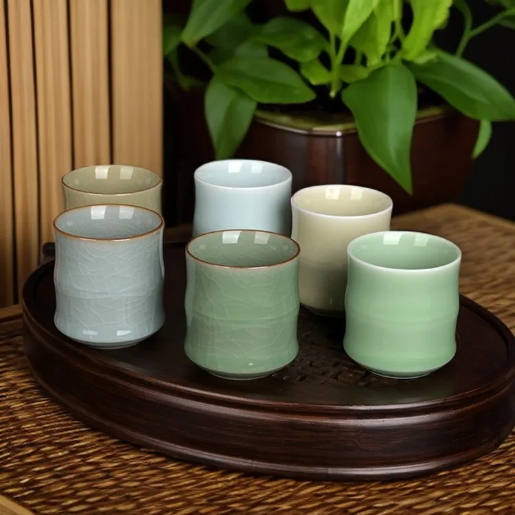 流转千年精品家用青瓷竹节办公杯六色陶瓷水杯泡茶杯子酒店小酒杯