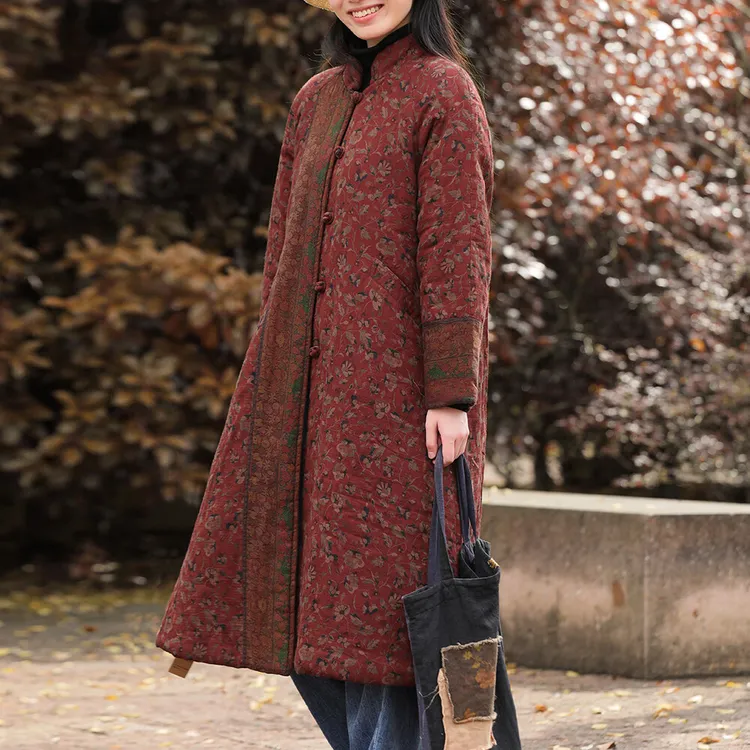 乱在江南民族风中式复古印花中长款棉服女冬季新款夹棉保暖拼接