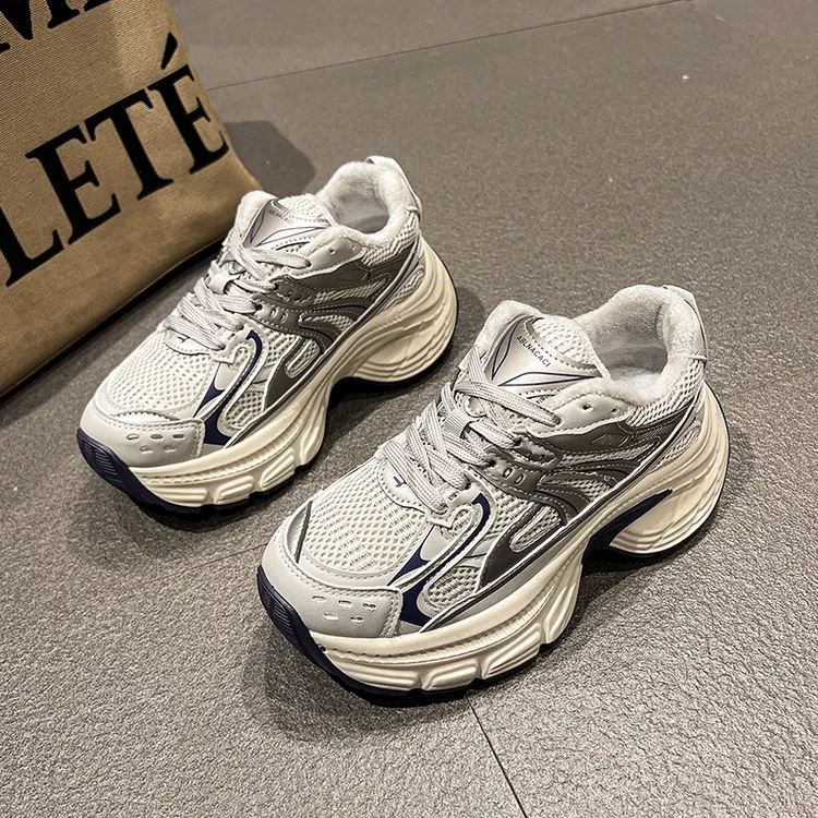 厚底百搭网面透气老爹鞋女2025秋冬爆款加绒保暖运动休闲跑步鞋