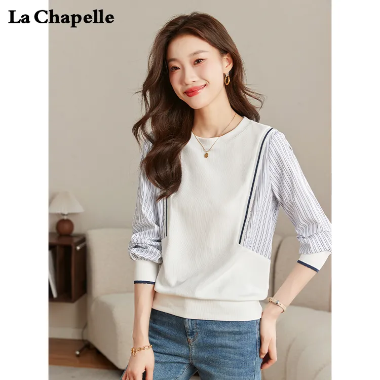 拉夏贝尔假两件复古条纹卫衣女春季新款设计感宽松休闲圆领上衣
