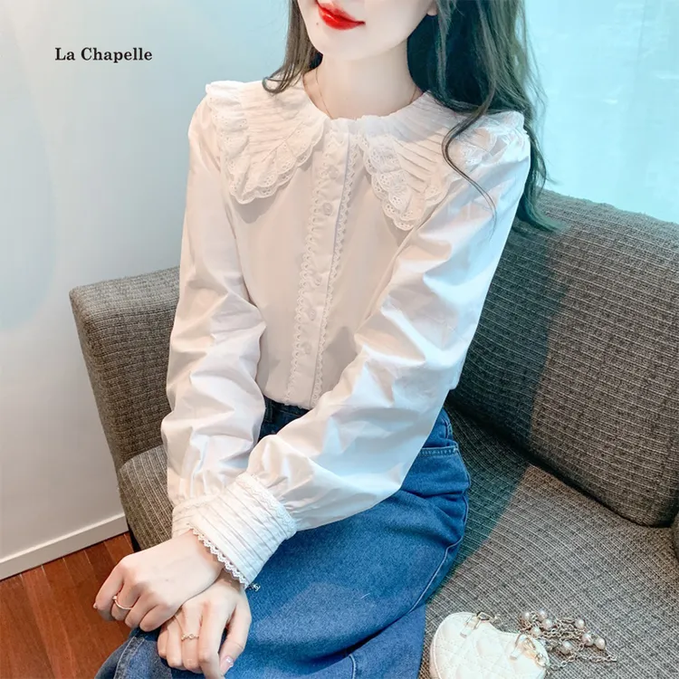 拉夏贝尔荷叶边雪纺衬衫女2025春装新款韩版娃娃领甜美上衣小衫