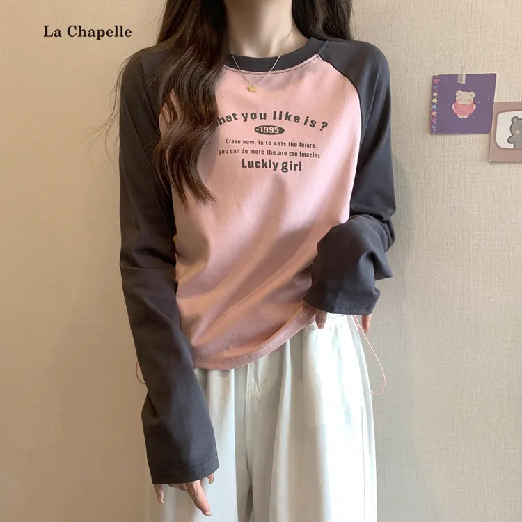 拉夏贝尔美式复古长袖T恤女2025春季新款插肩袖修身打底内搭上衣