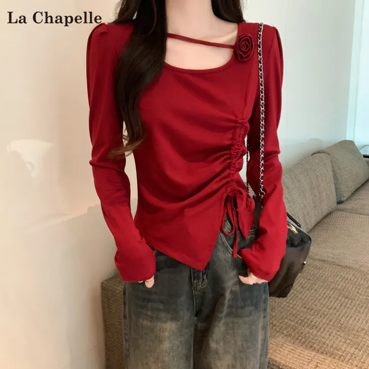 拉夏贝尔红色洋气T恤女纯欲风辣妹立体玫瑰花抽绳显瘦打底衫上衣