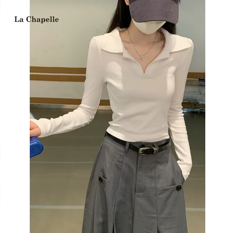 拉夏贝尔polo领长袖内搭T恤女2025春季韩版气质修身百搭纯色上衣