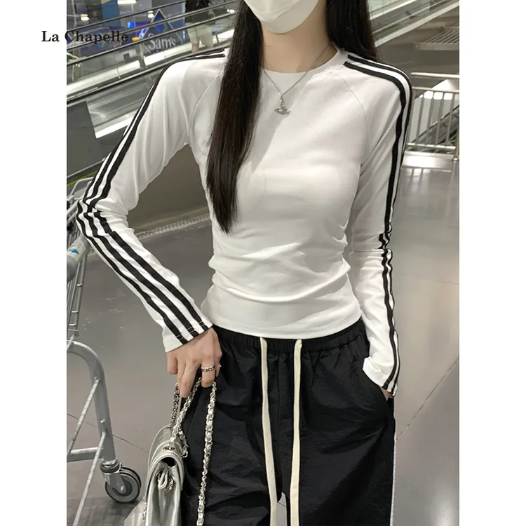 拉夏贝尔纯棉长袖内搭T恤女春秋季韩版插肩美式撞色杠条显瘦上衣