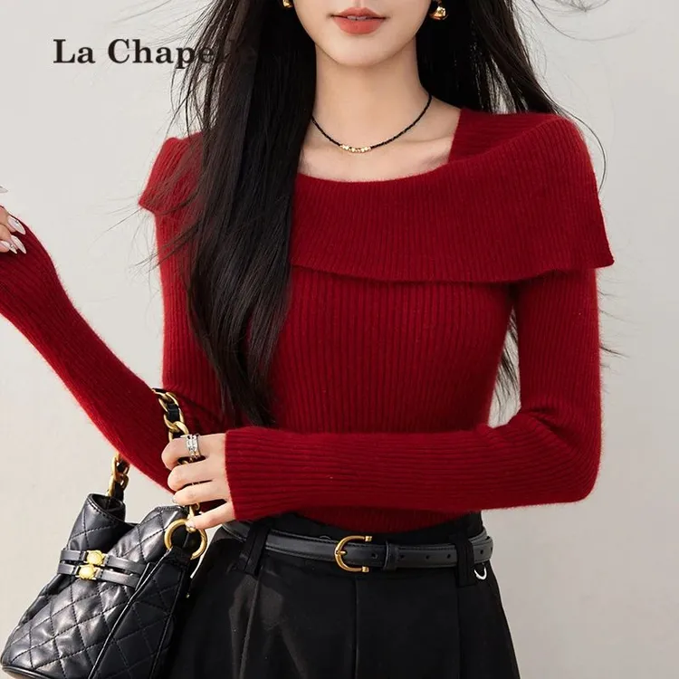 拉夏贝尔红色针织衫毛衣女秋冬季穿搭法式修身毛衣一字肩毛衫上衣