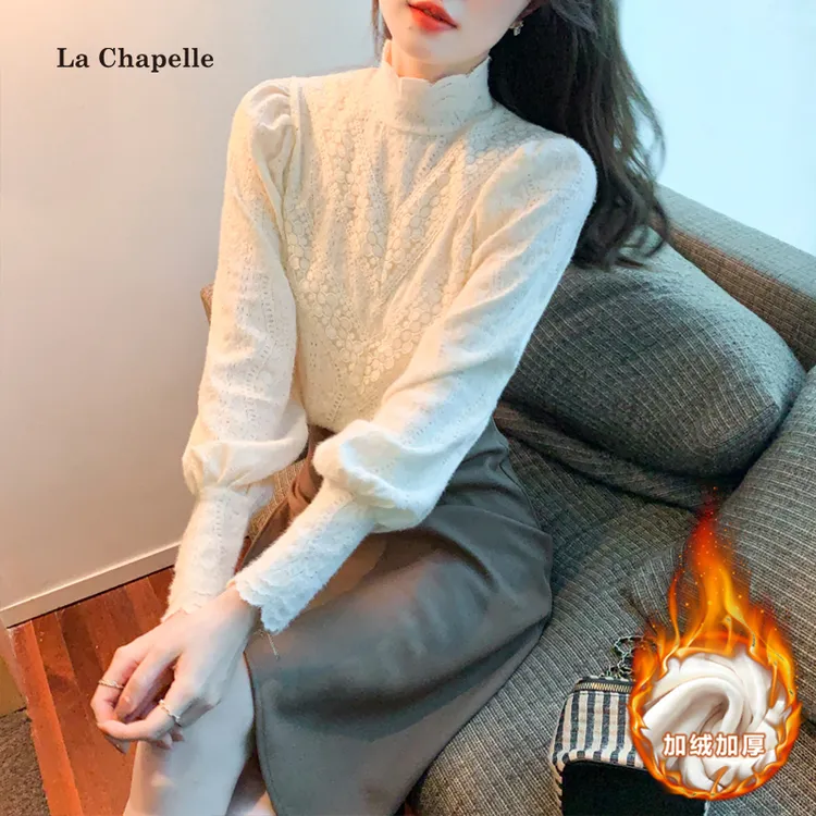 拉夏贝尔加绒加厚宫廷风蕾丝衬衫女秋冬2025新款立领内搭打底上衣