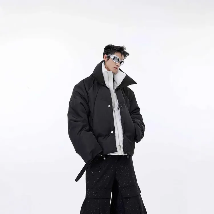 冬季PU皮拼接假两件棉衣男亮面双层小众设计感加厚宽松棉服外套潮