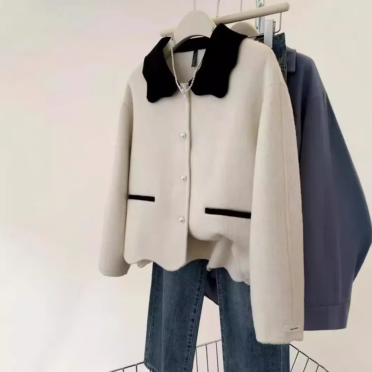 小香风娃娃领双面羊绒大衣毛呢外套女秋冬冬季加厚小个子短款上衣