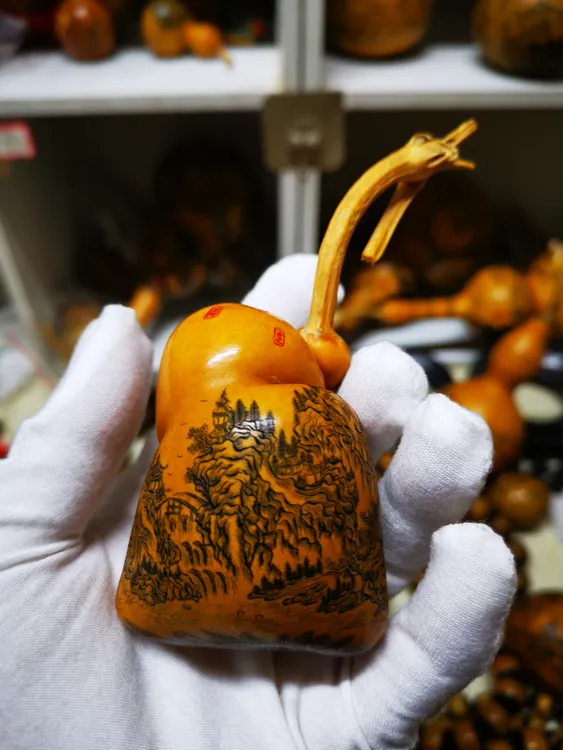 雅青阁葫芦手工针刺墨刻钱袋异形写意山水葫芦大师名家作品