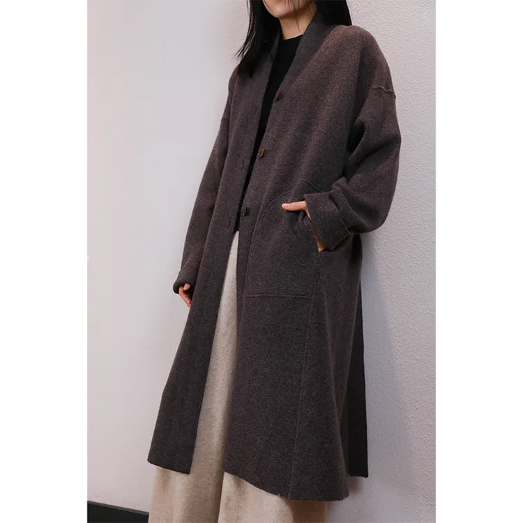 东雍 流金岁月 重磅加密手工剪裁A字立领中长款羊绒开衫大衣外套