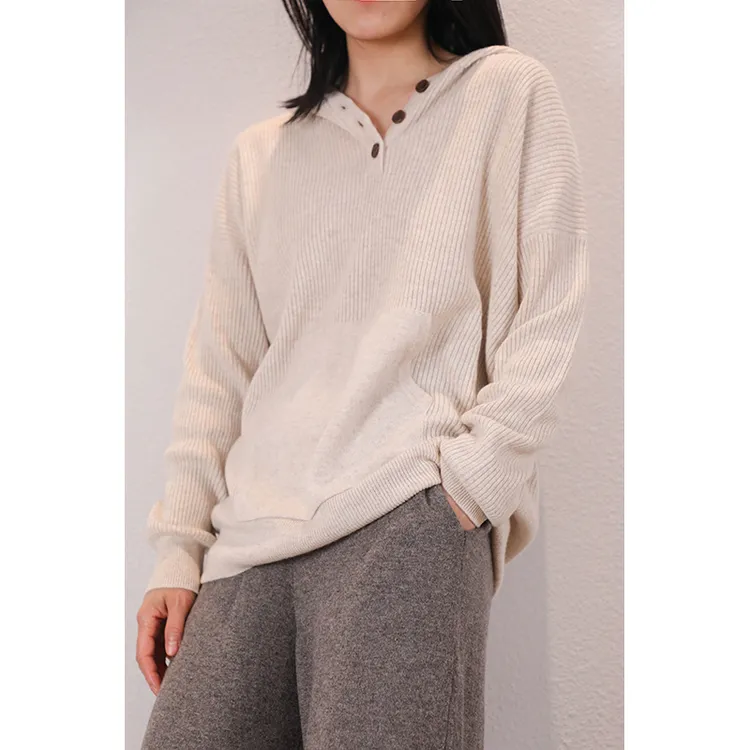 东雍 作个闲人 简约百搭宽松抽条口袋连帽运动羊绒针织套头衫卫衣