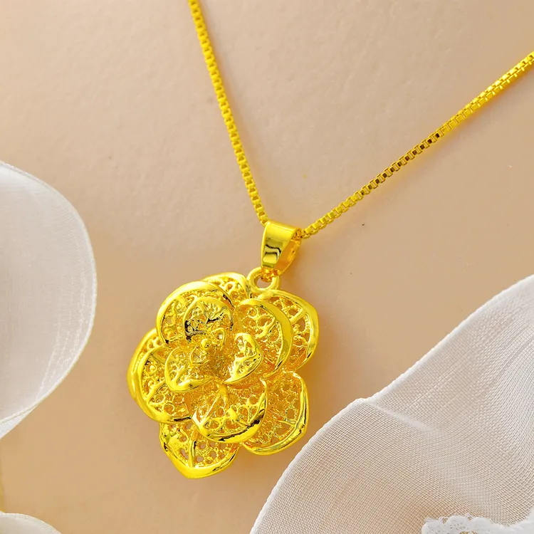 铜合金项链 正品大号玫瑰花黄金色项链北欧金高级感2024爆款女士