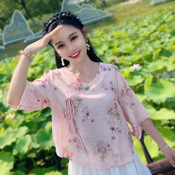 夏季短版小衫女装民国风新国风学生茶艺师茶服低领上衣中袖宽松