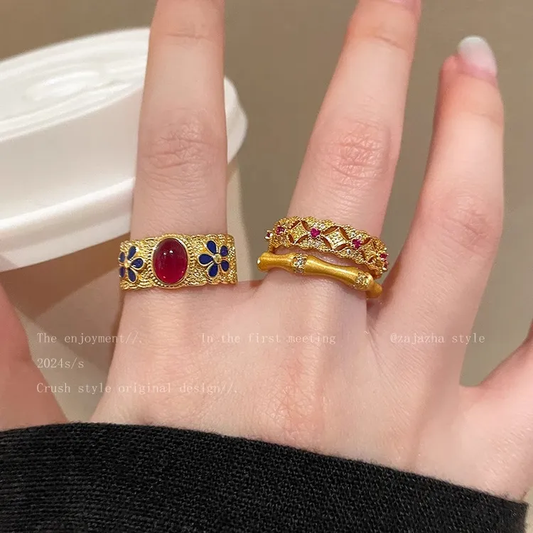铜合金戒指 宫廷风复古金色珐琅竹节戒指女高级感食指戒秋冬指环 