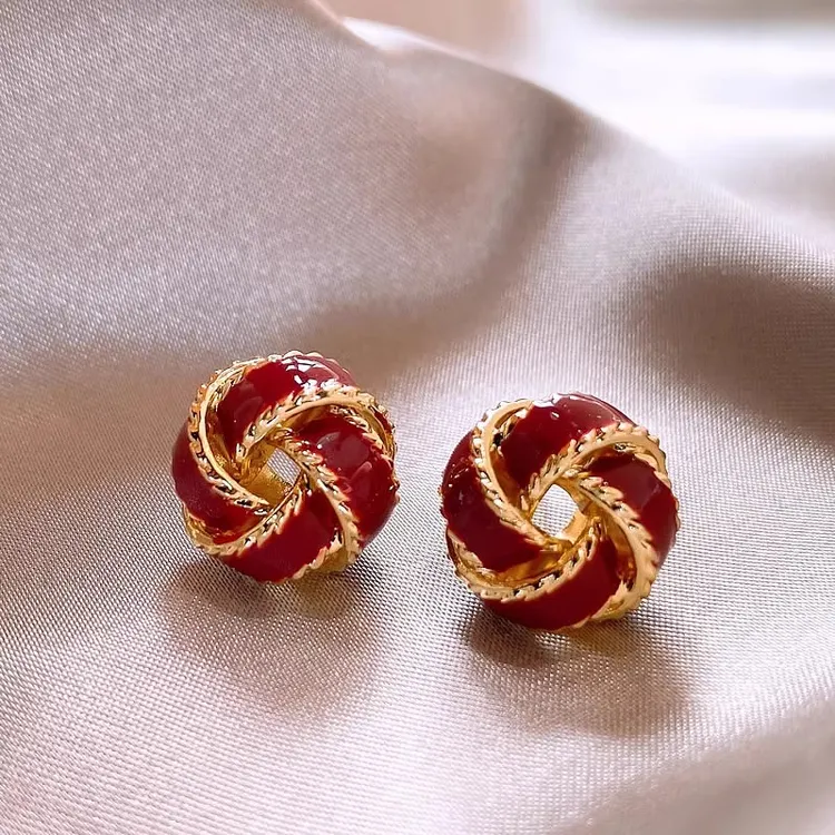铜合金耳饰 复古红色耳钉女2024新款气质轻奢小众精致时尚耳环潮