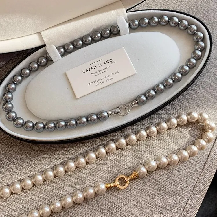 铜合金仿珍珠项链 施家真多麻银灰色仿珍珠项链女秋冬毛衣链颈链