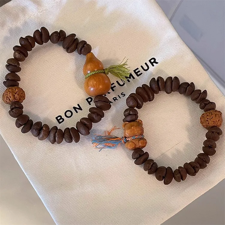 非金属木质手链 木雕小熊葫芦咖啡豆串珠手链男女款小众设计手串